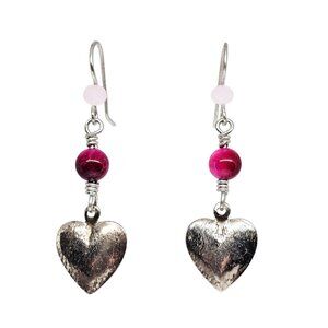 Handmade Magenta Tiger’s Eye Gemstone Heart Dangle Earrings Silver Boho Drop